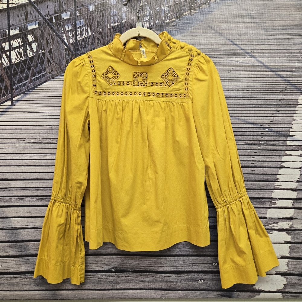 FREE PEOPLE "Another Eternity" XS Top Needlework Bodice Statement Sleeve